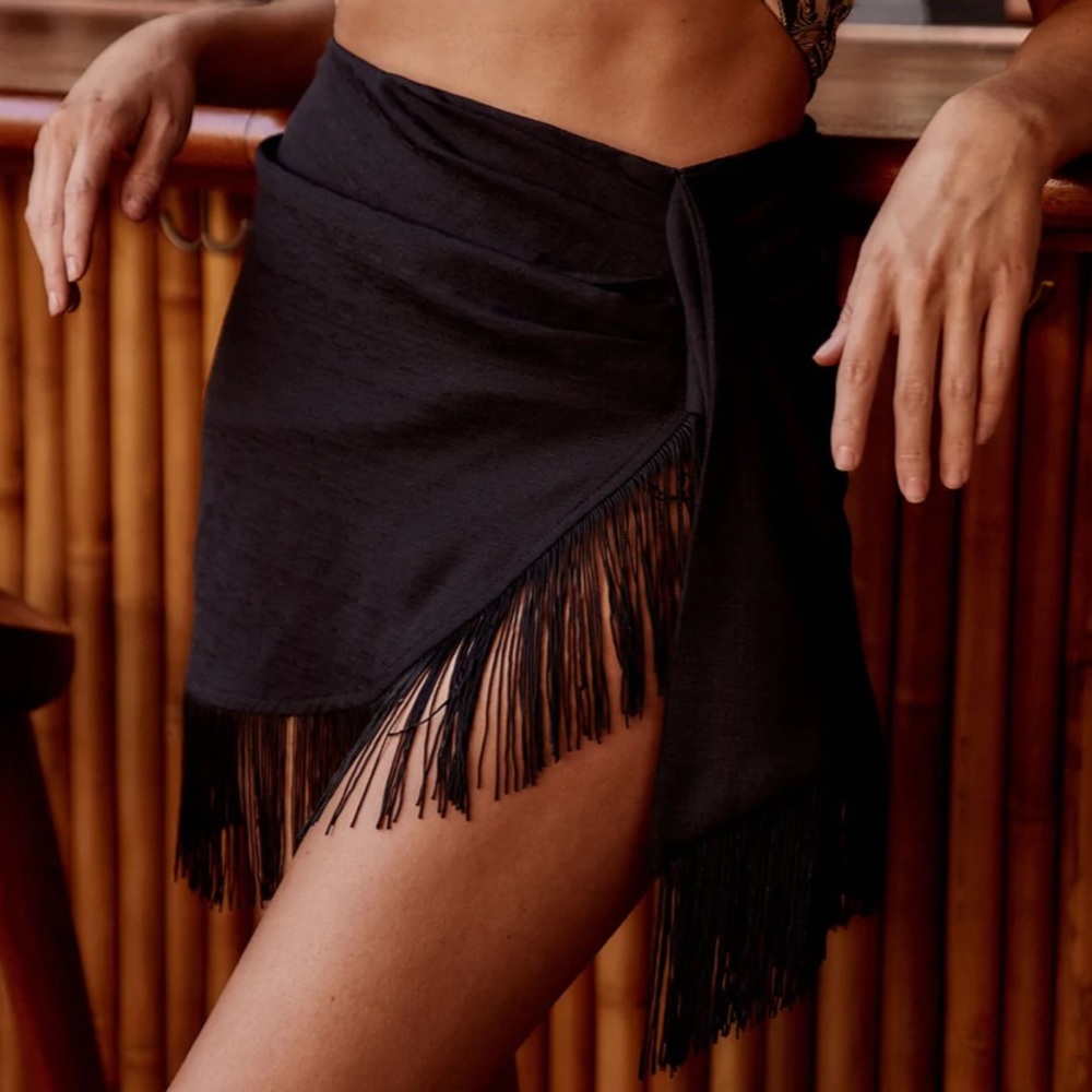 12th Tribe Rosalina Black Fringe Tie Skirt, S, NWT
